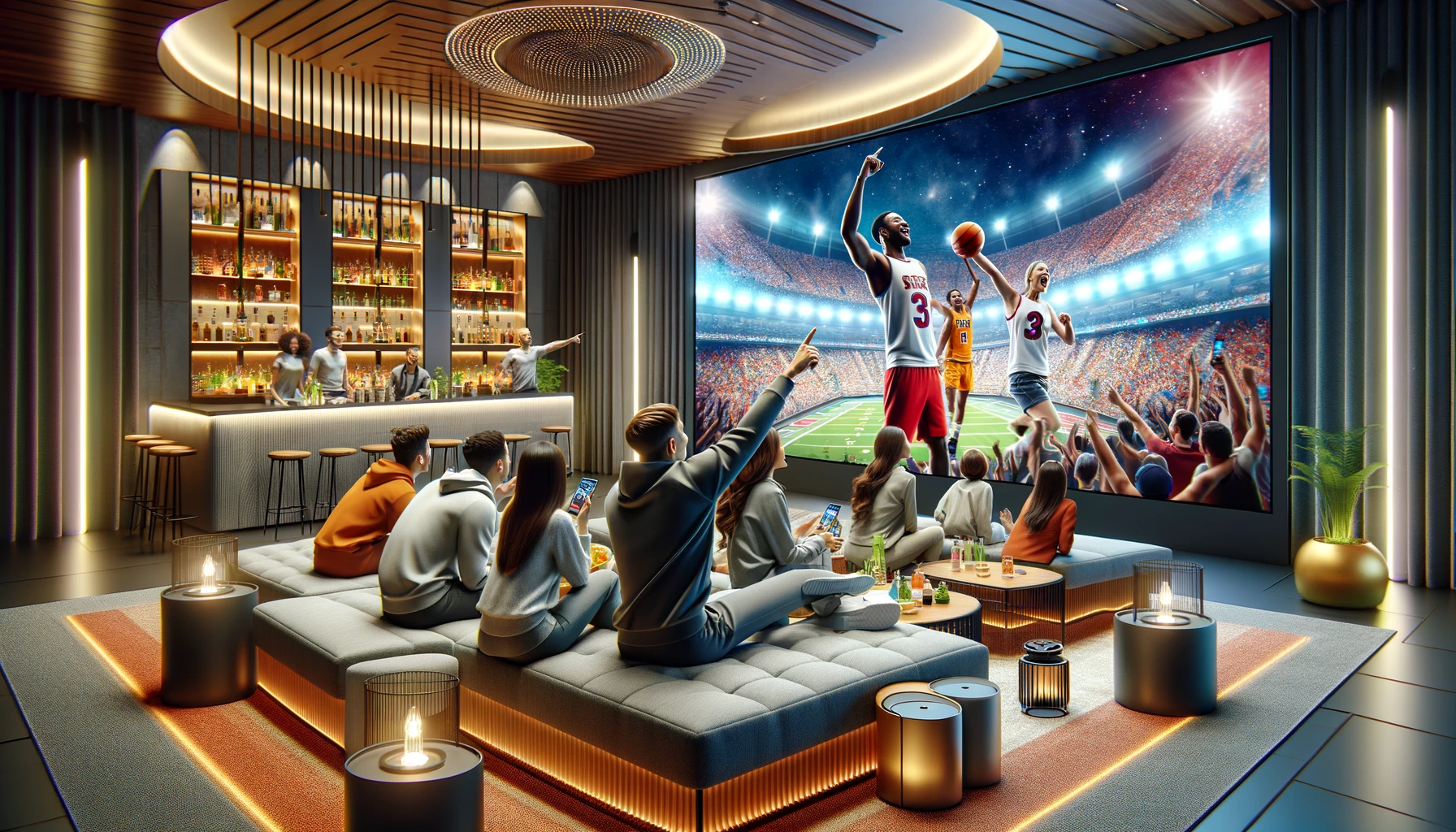 A modern lounge with engaged viewers watching a vibrant screen scene, subtle branding in the decor, and a cozy bar area in the background.