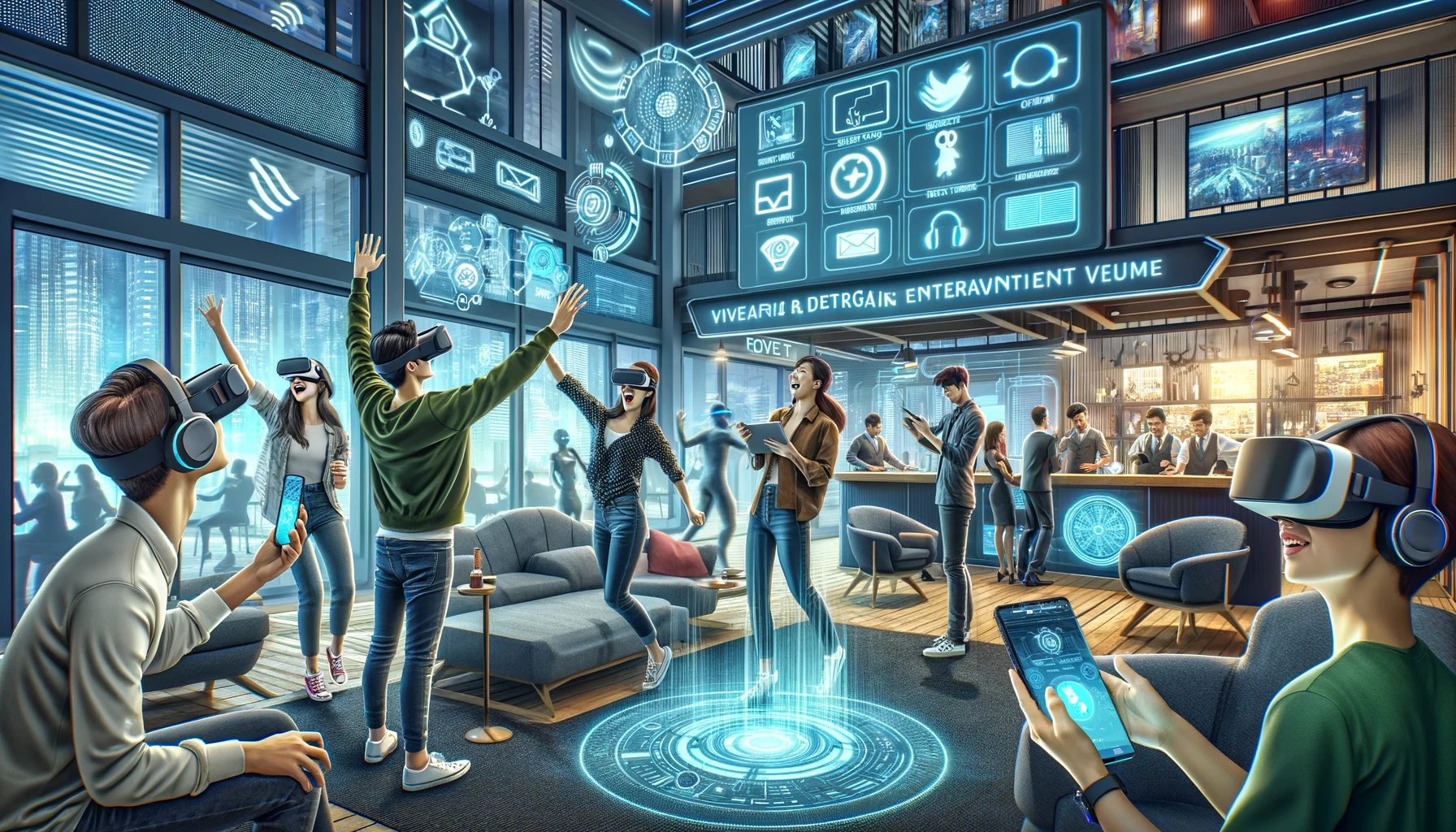 Staying Ahead: Embracing Technology in In-Premise Entertainment - A venue with VR, interactive kiosks, AR, live displays, and a control room