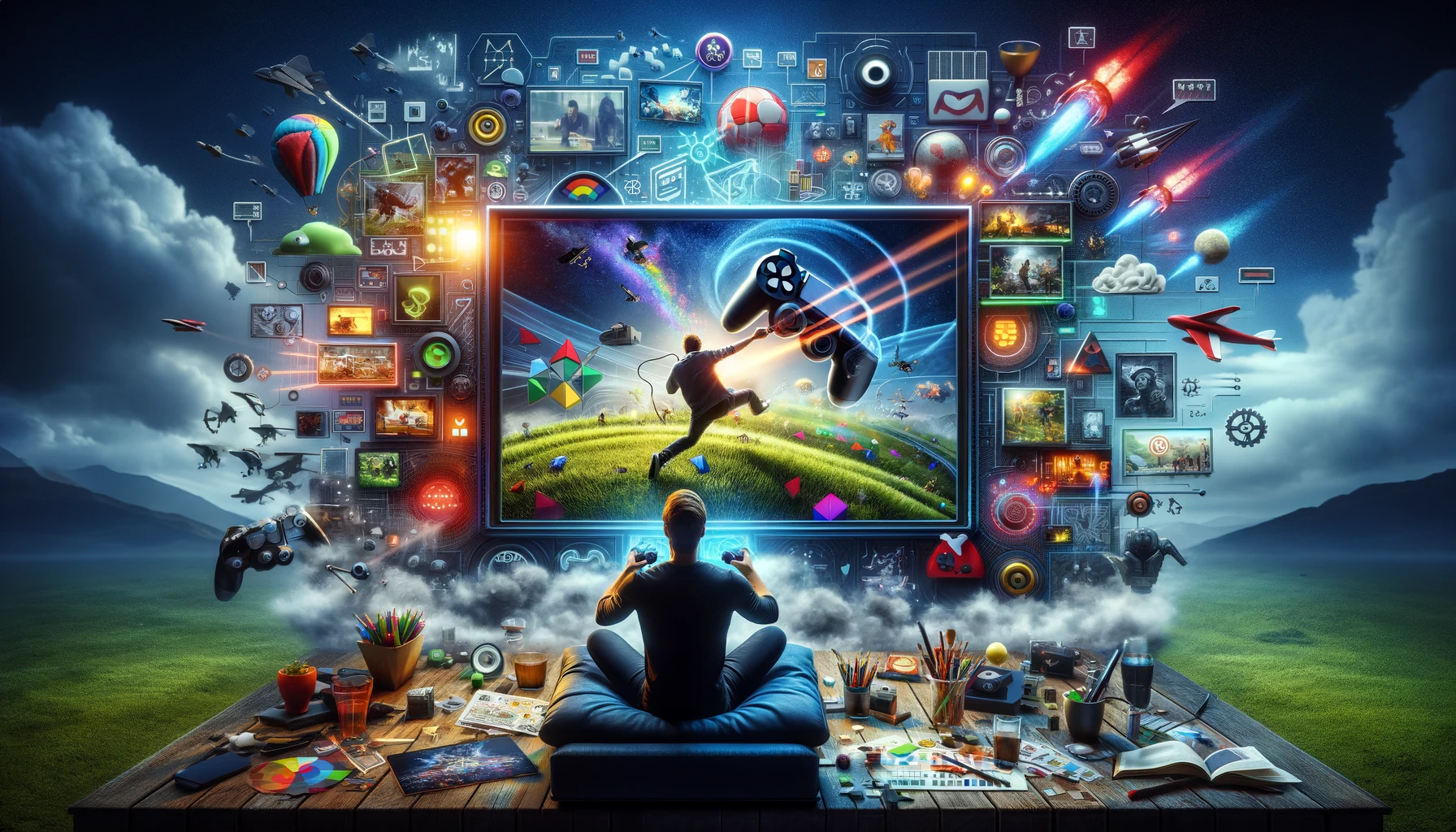 Visualize a dynamic scene that represents the gaming industrys innovative approach to integrating commercial video. programming for revenue