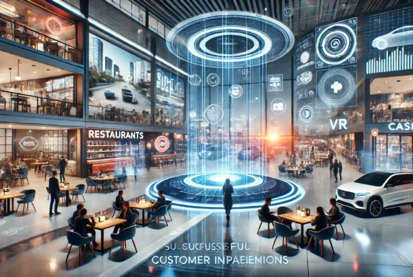 Futuristic scene showing successful business implementations with advanced technology, including digital screens and holographic displays in bustling restaurants, bars, casinos, and dealerships.